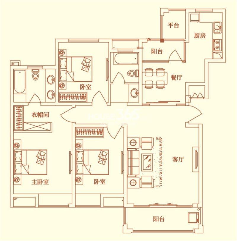 户型图 联发君悦华府二期104 四室两厅两卫户型