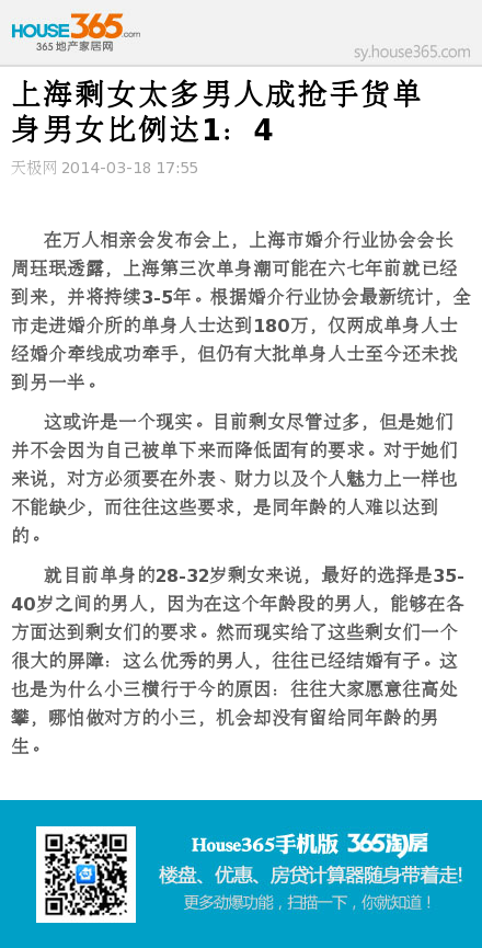上海<em>剩女太多</em>男人成抢手货单身男女比例达1:4